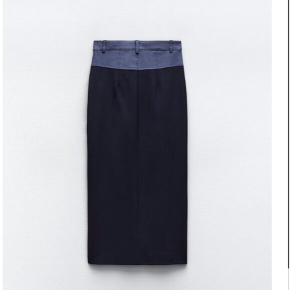 NWT ZARA CONTRASTING WAIST PENCIL SKIRT NAVY BLUE - Picture 5 of 5